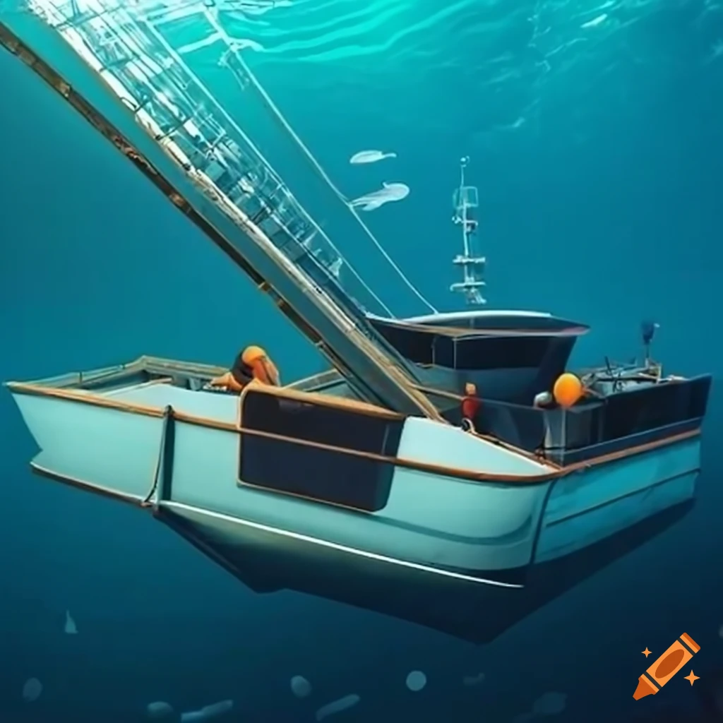 Innovative boat design collecting litter at sea with a conveyor belt on