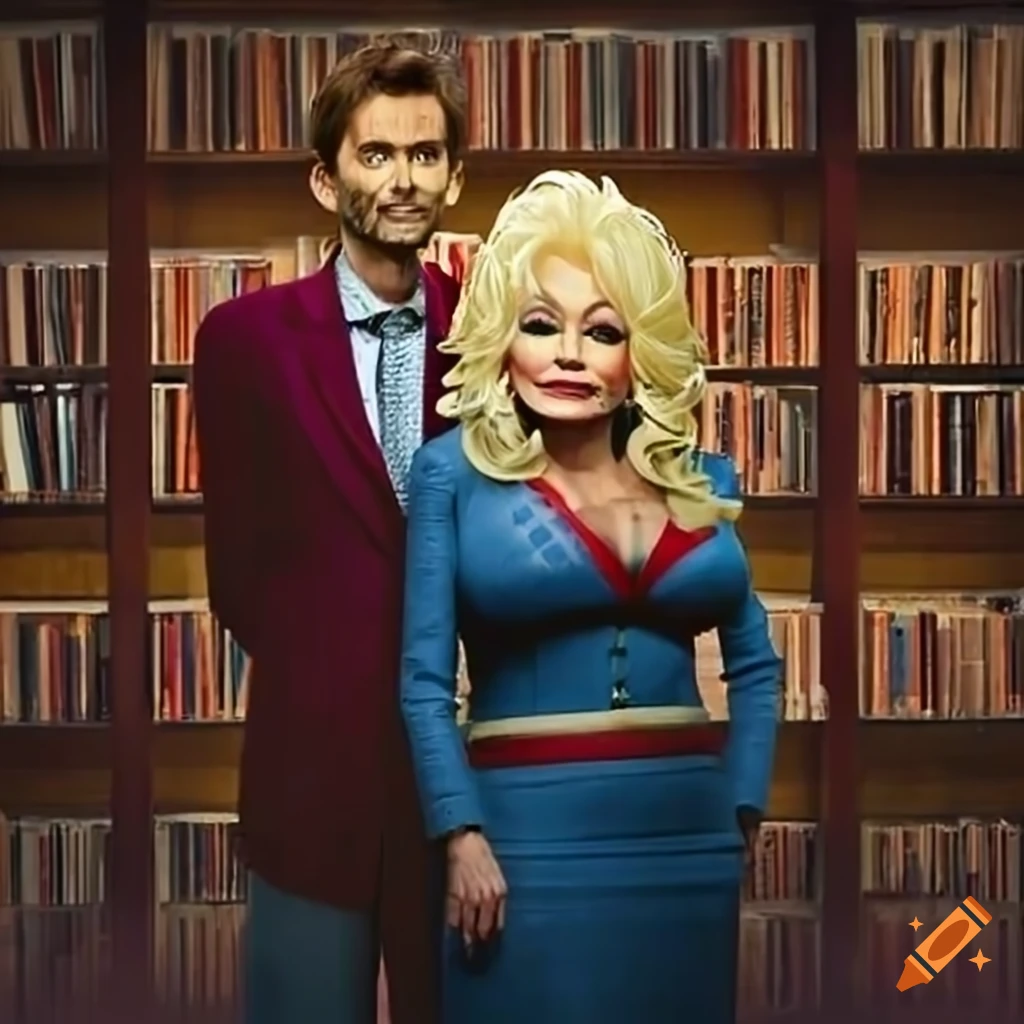 David Tennant and Dolly Parton in a library