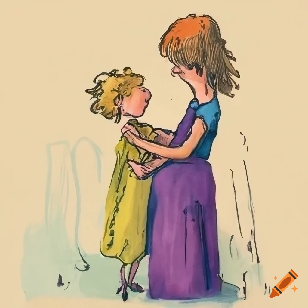 Mother helping child dress in Quentin Blake style illustration