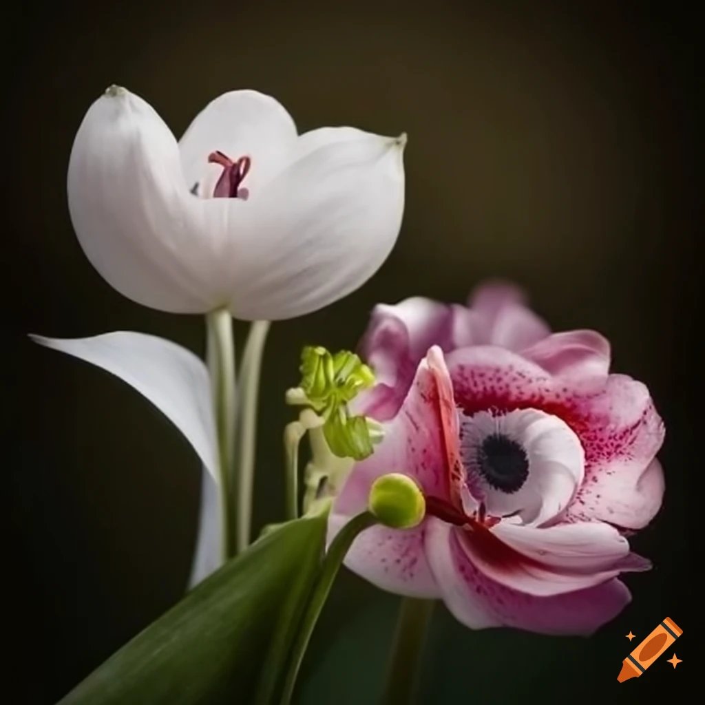 Arrangement of lily of the valley, anemones, and peonies