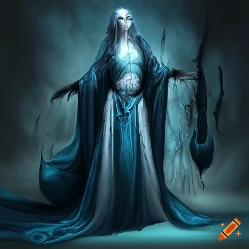 Phantasmagorical blue-grey-dark elven in a long robe