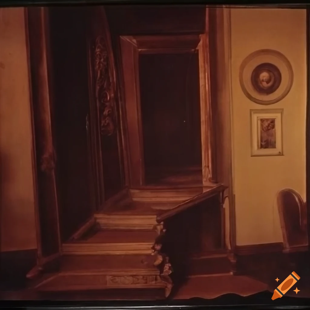 1934 autochrome photo of a room with stairs and round door in a dreamlike setting