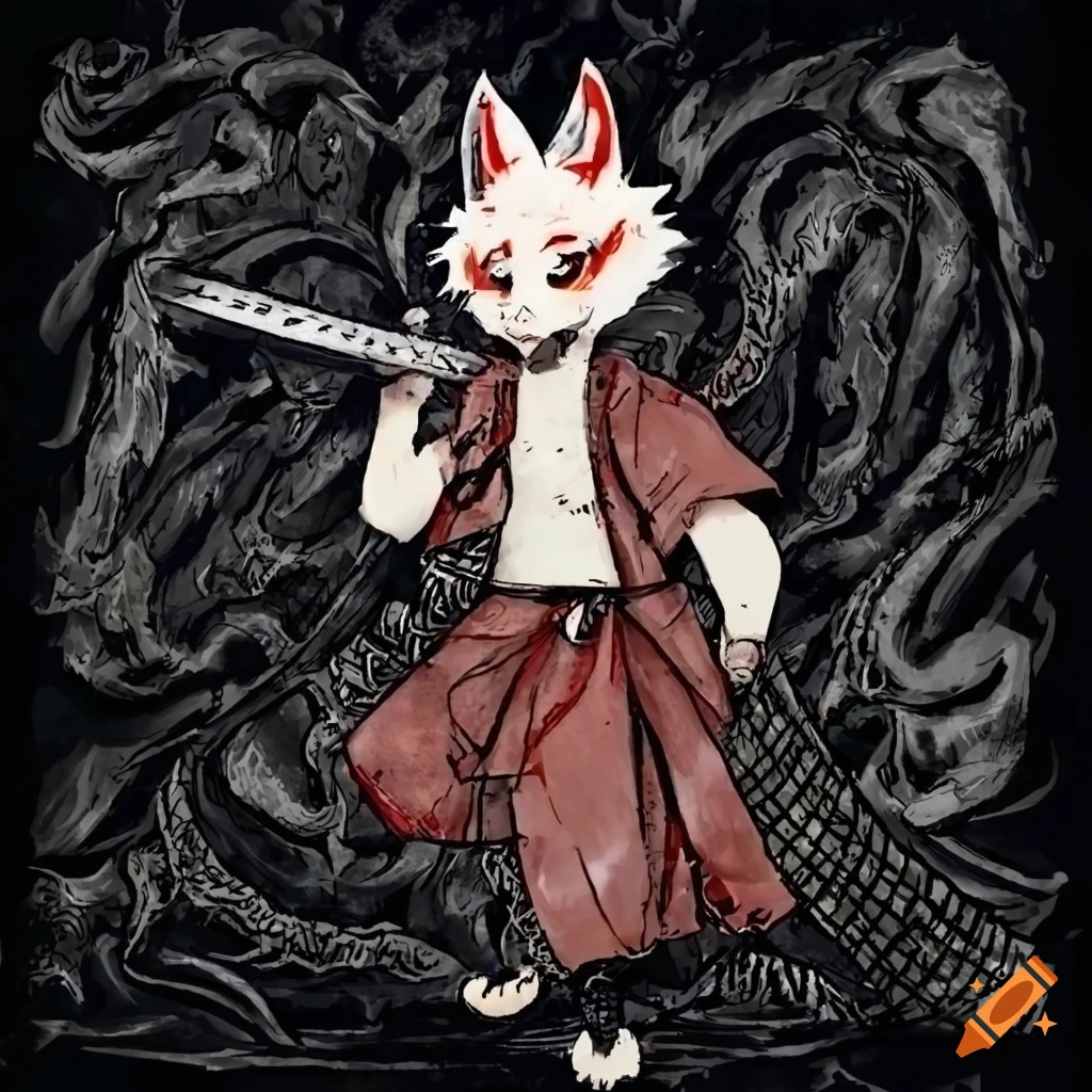 Androgynous kitsune dude in a yukata resembling a casual samurai