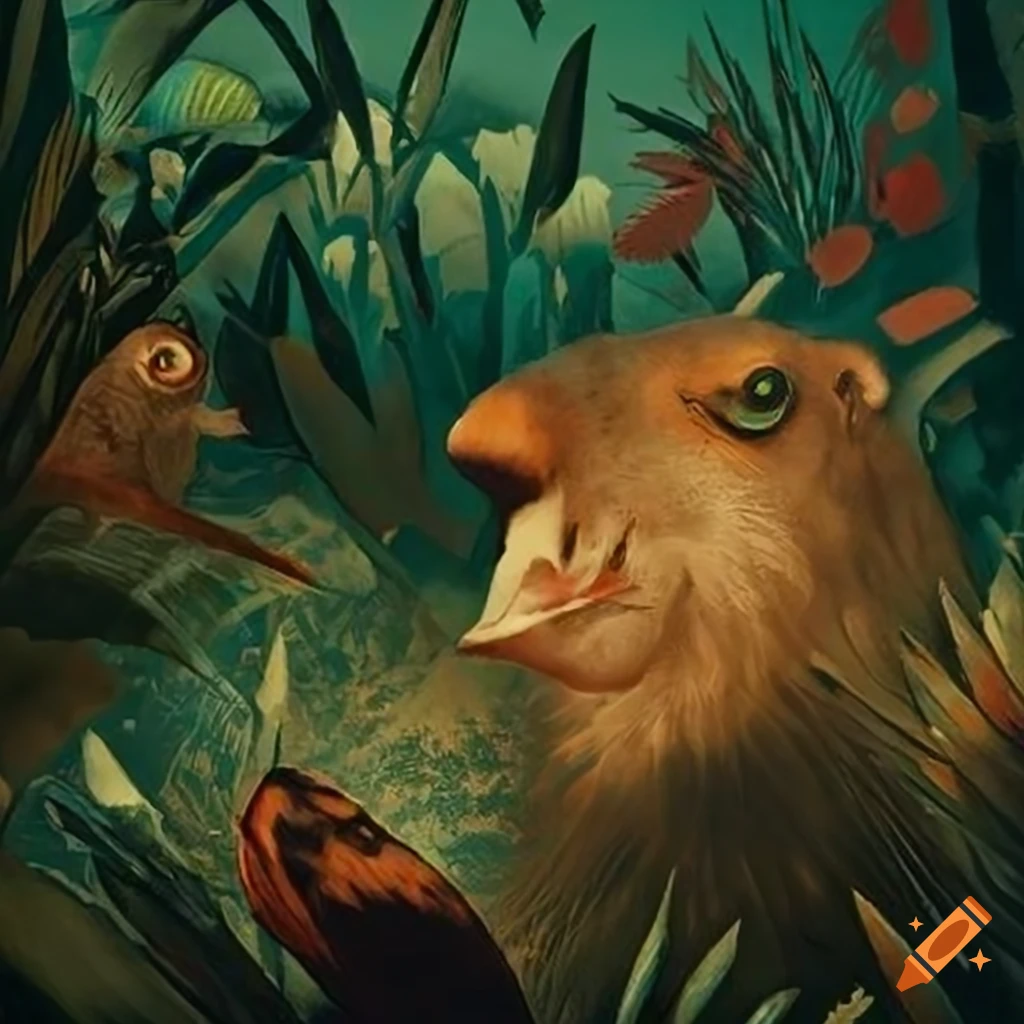Exotic flora and fauna with Salish animal motifs in fine art illustration