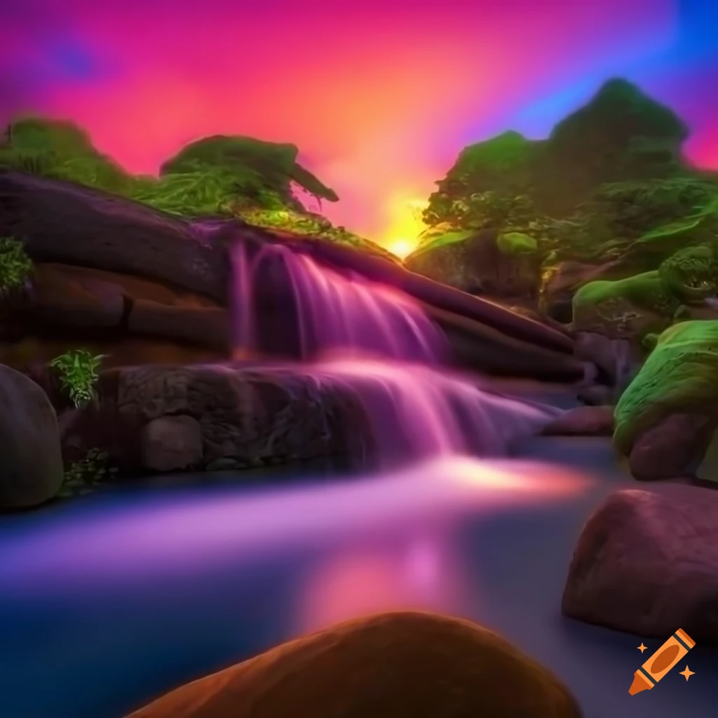 Zen garden waterfall at sunset in 8k HDR