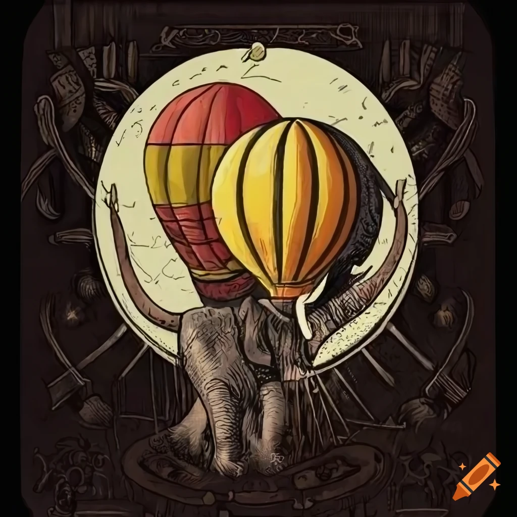 Elephant carried by hot air balloon in tarot card style drawing