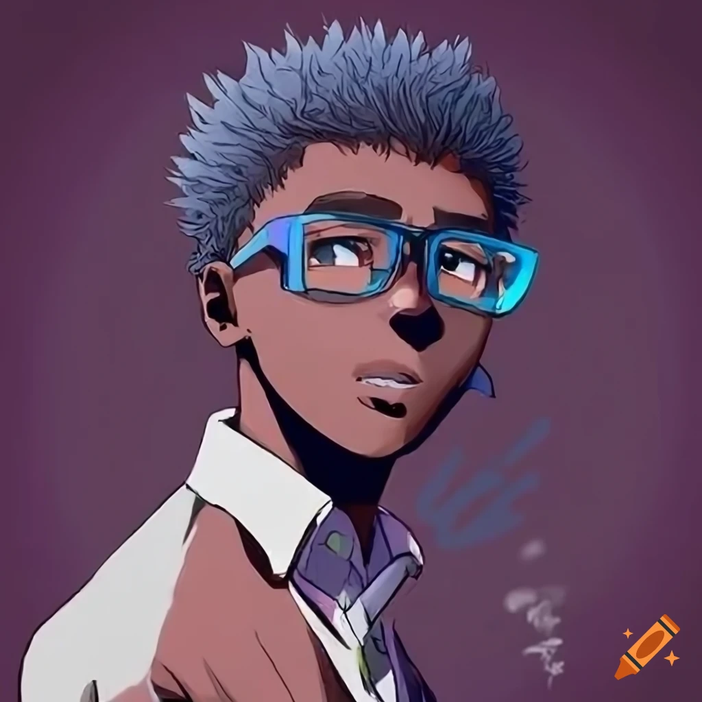 Anime-style image of an intellectual dark-skinned young man studying with a Pokémon