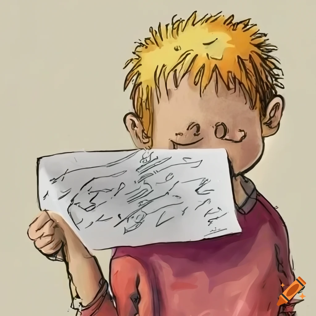 Frustrated child holding a big exam paper in Quentin Blake style
