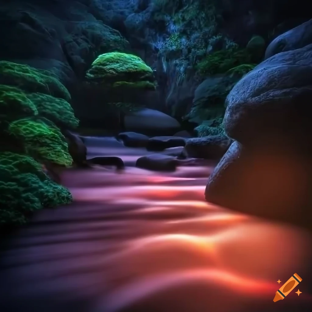 Japanese Zen garden with serene waterfall reflecting sunset colors