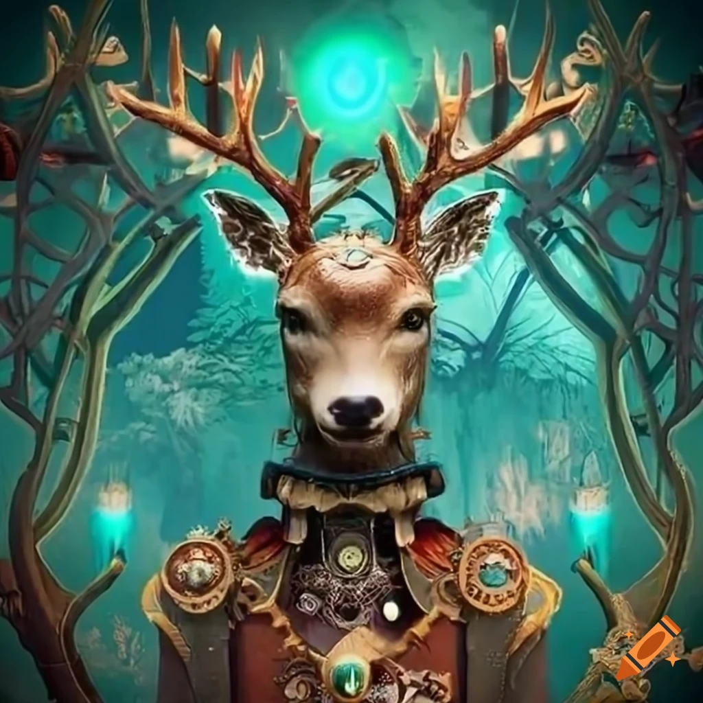 Steampunk Deer in an opulent forest with advanced technology