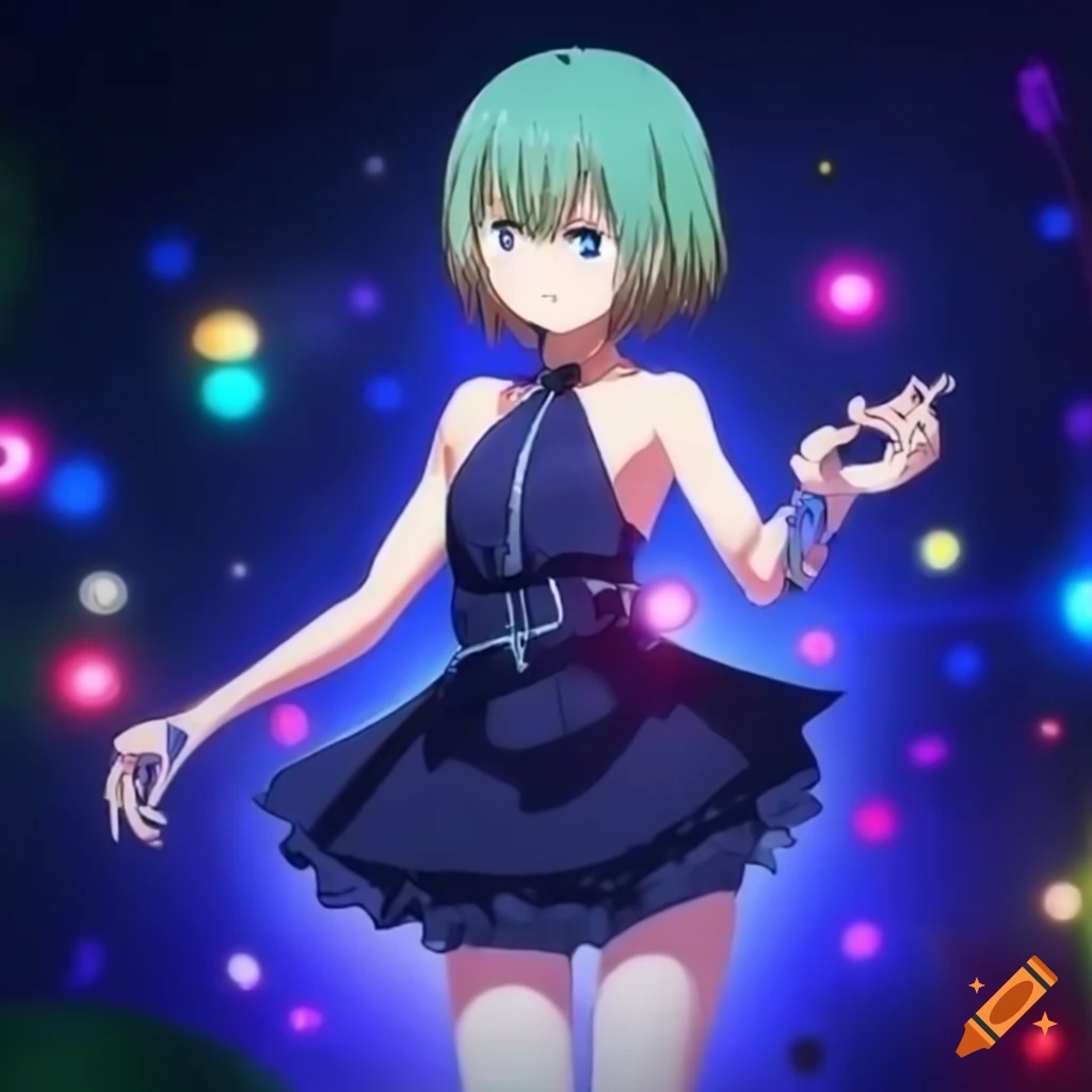 Anime singer Gloria with short hair surrounded by colorful lights