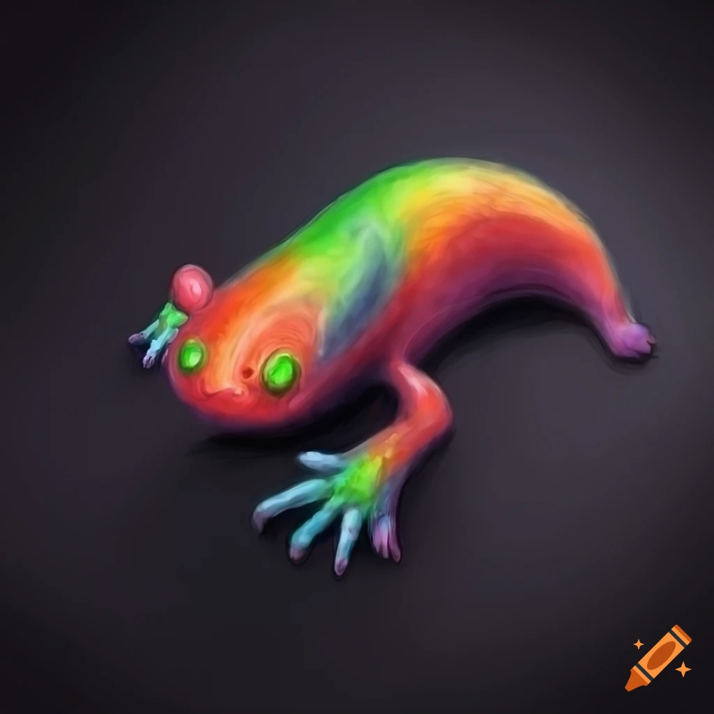 Rainbow-colored amphibious salamander alien creature in sci-fi art