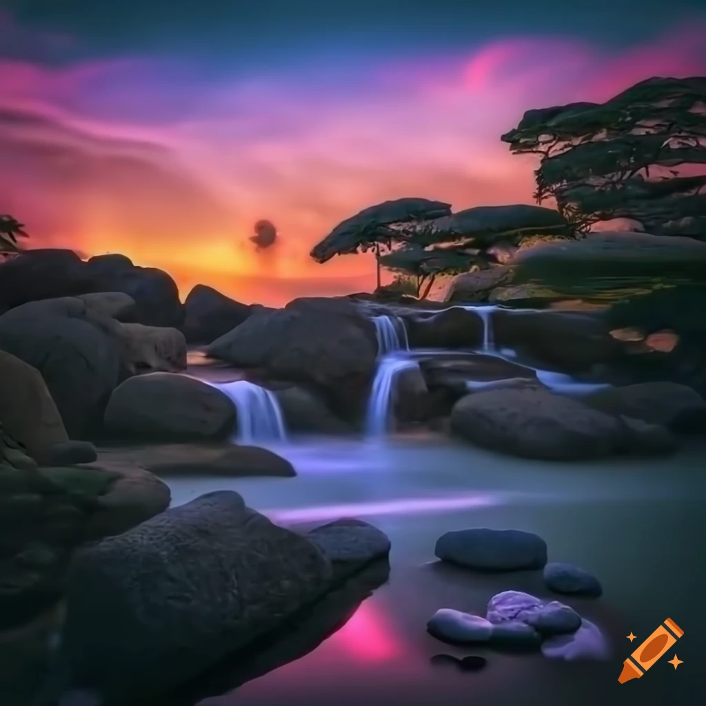 Japanese Zen garden with serene waterfall reflecting sunset colors