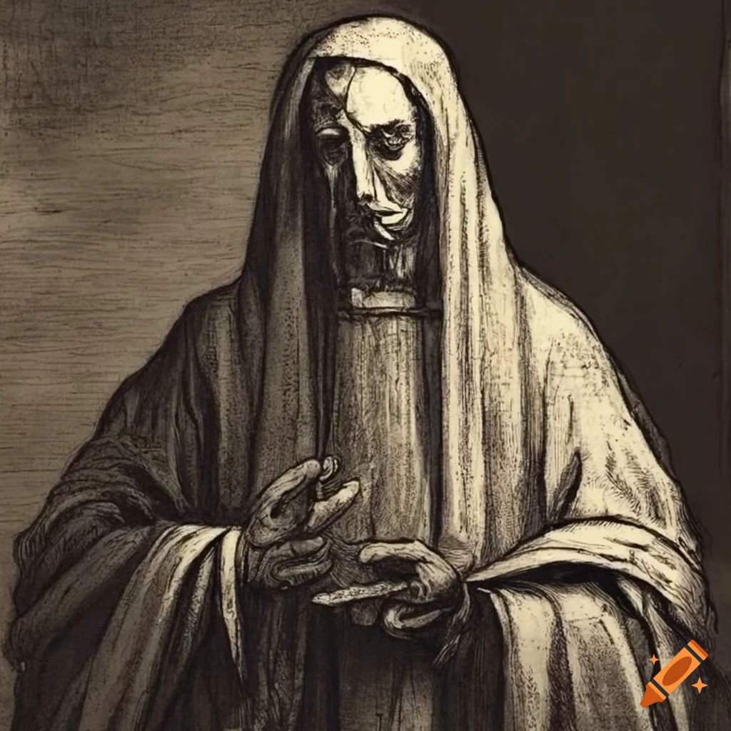 Monochromatic etching of a religious man in a robe