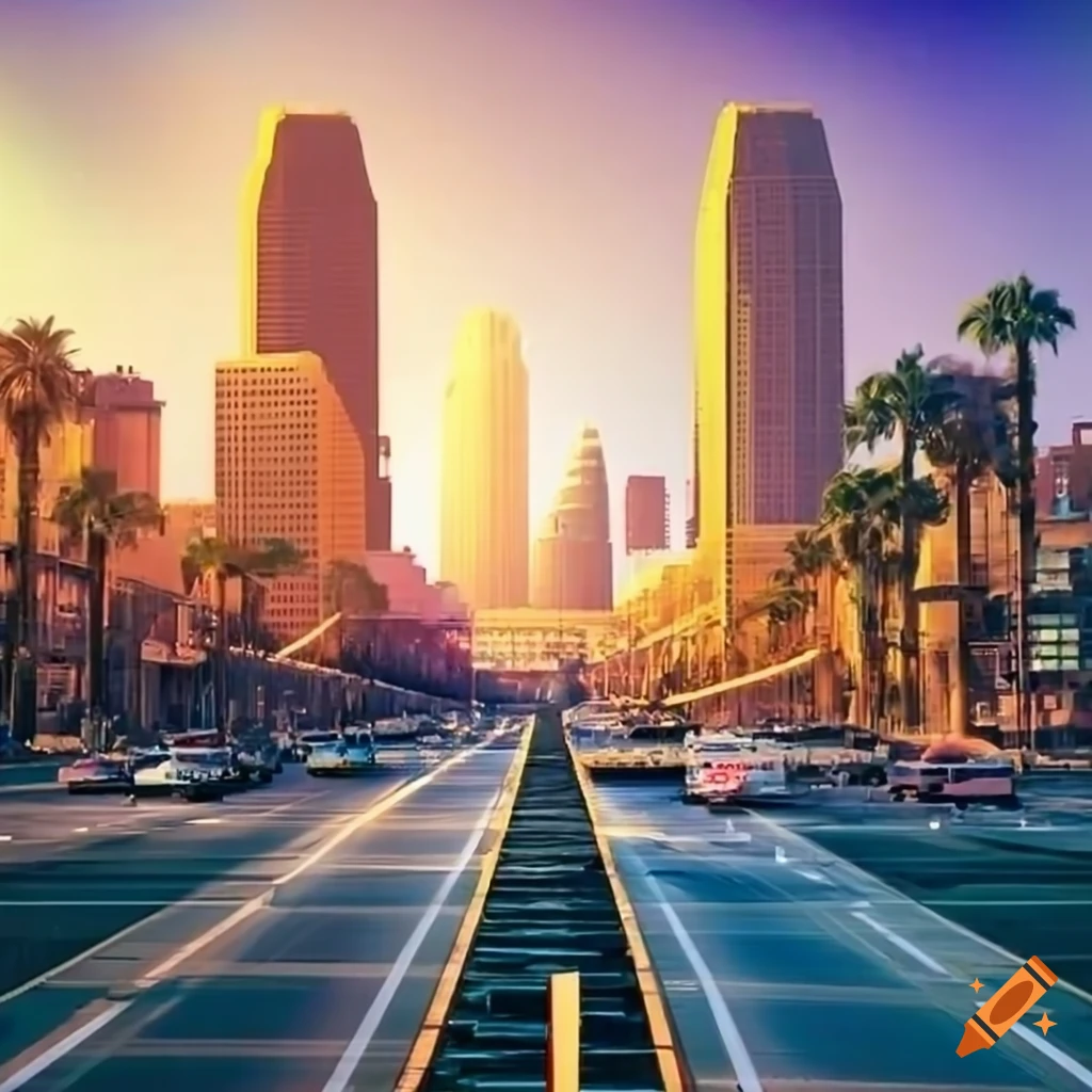 Downtown LA with palm trees and 6th street bridges during spring and summer