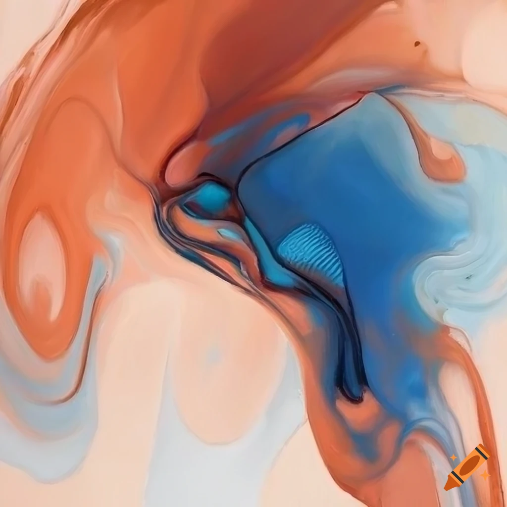 Abstract oil painting evoking luteal phase with dynamic motion lines in terracotta, blue, and mushroom