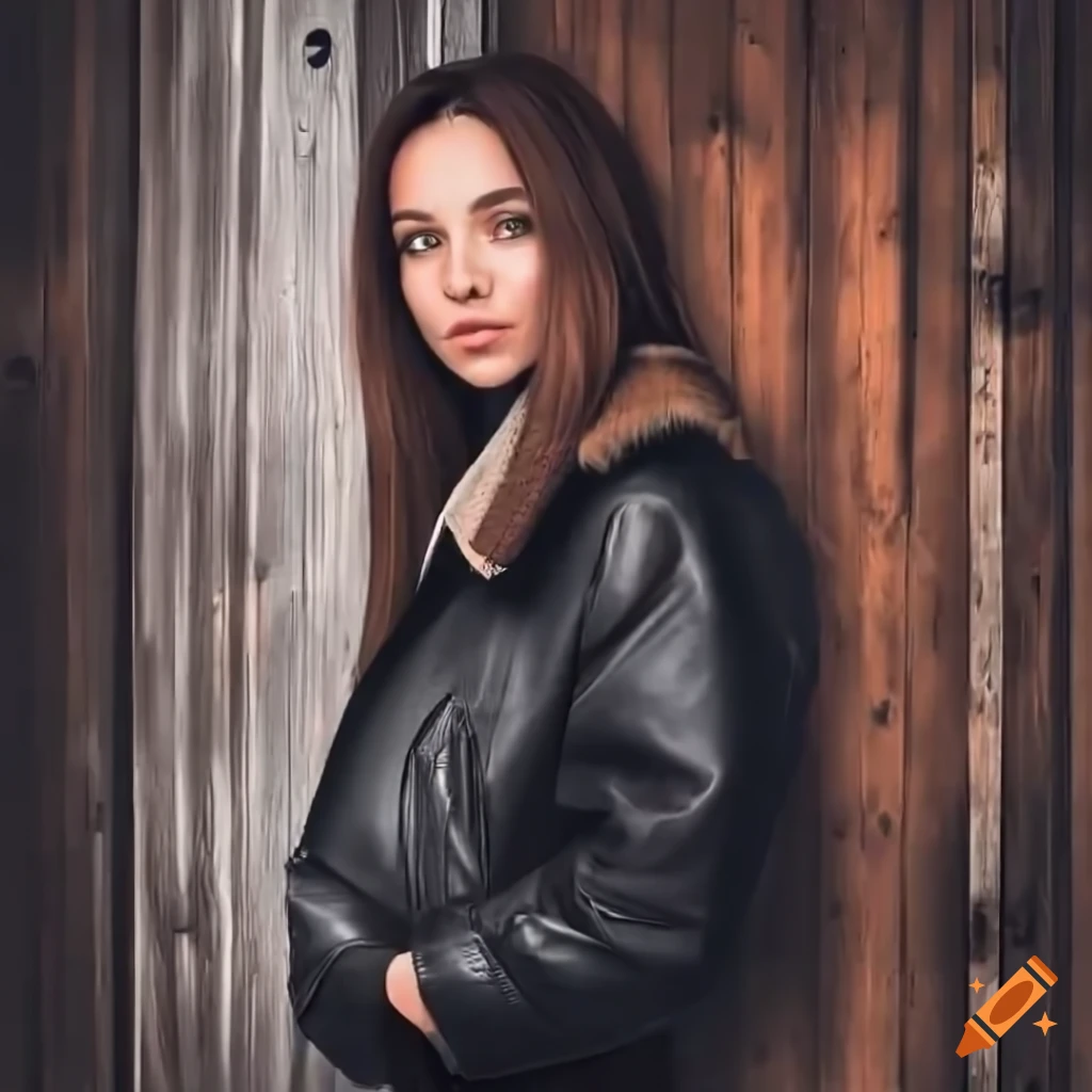 High-angle view of a young woman in a sheepskin bomber jacket and leather trousers standing in a barn doorway