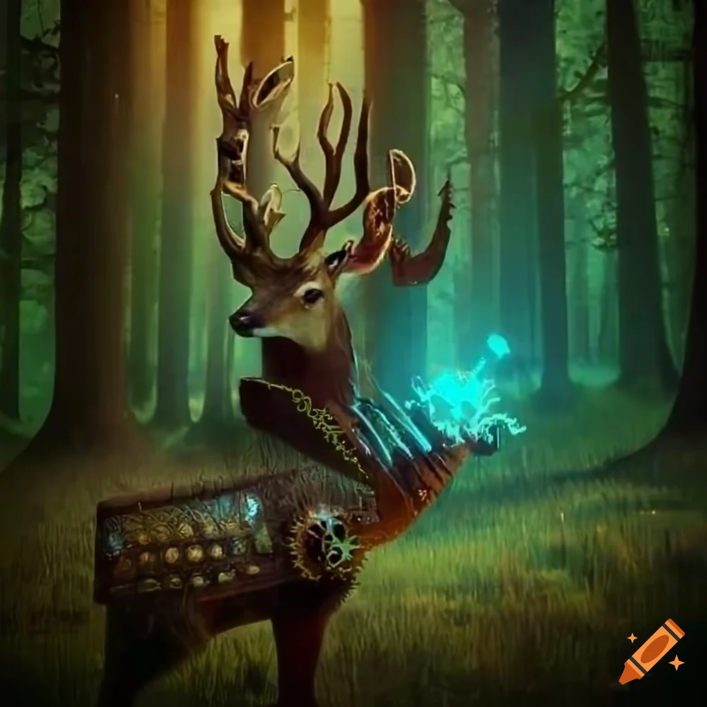Steampunk Deer in an opulent forest with advanced technology