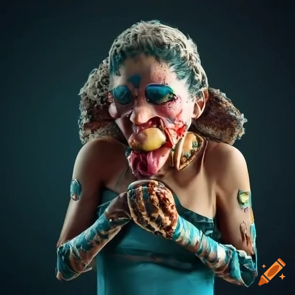 Mexican cyborg eating bread and posole near El Paso, Texas