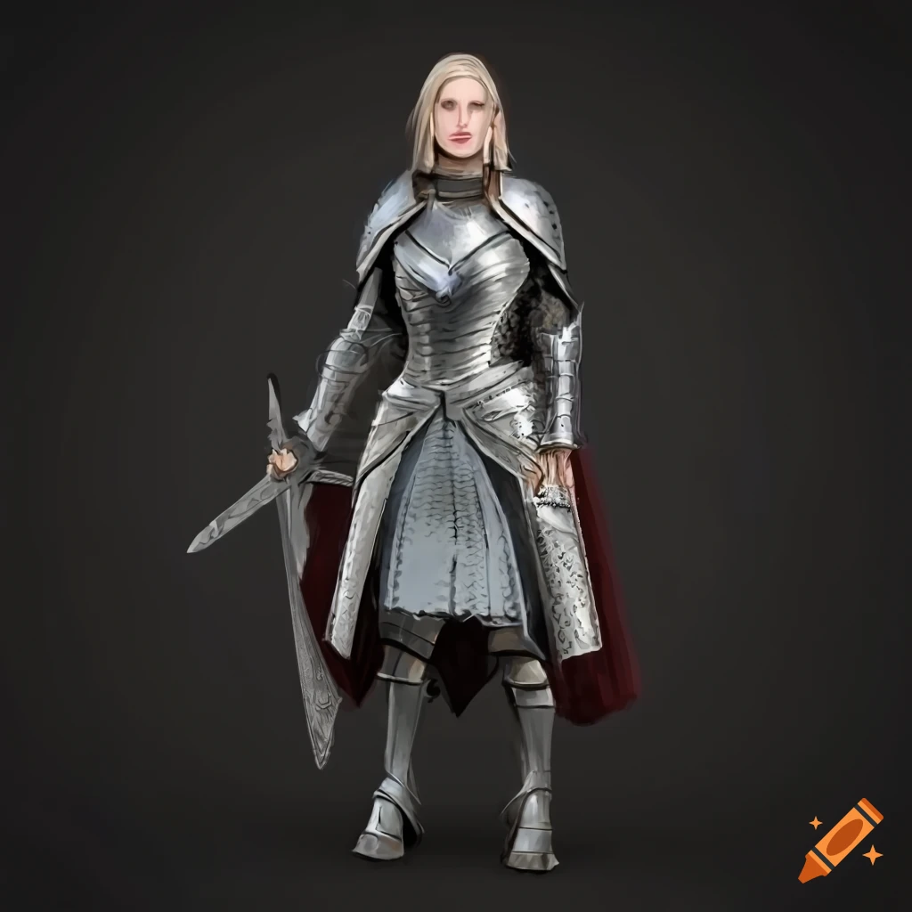 Elegant female knight in dark armor with flowing white hair on Craiyon
