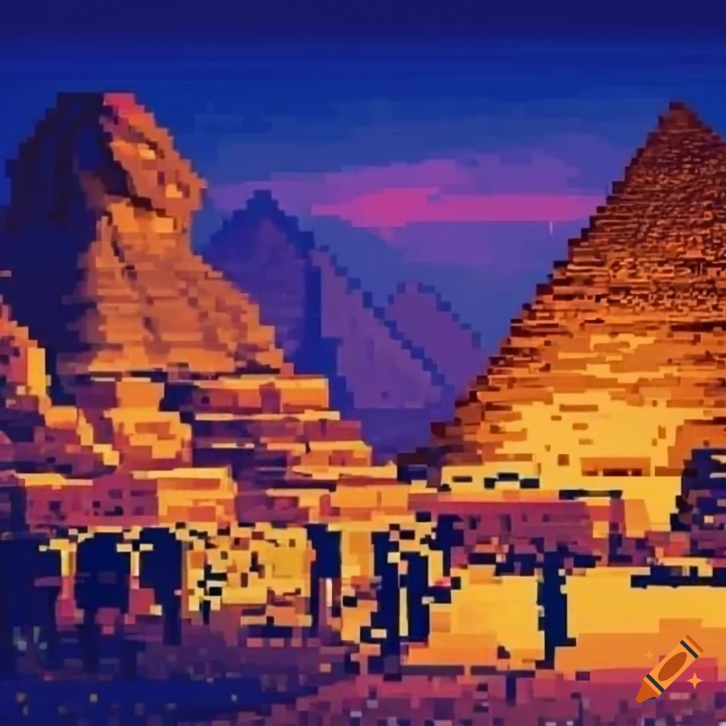 Pixel art of a crowded colorful street view in Giza, Egypt during the English mandate era at night