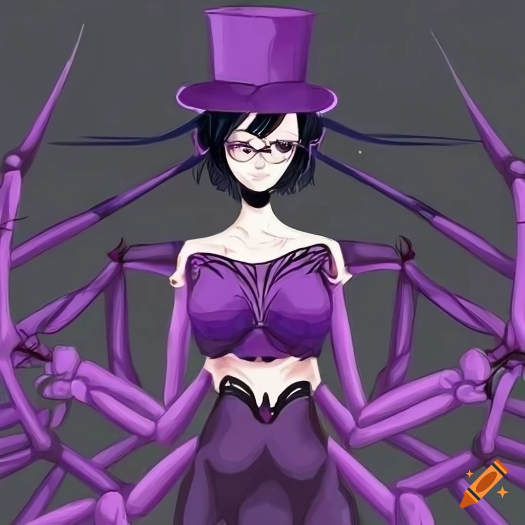 Anime style dark purple spider woman with short black hair, glasses, top hat, and spider appendages