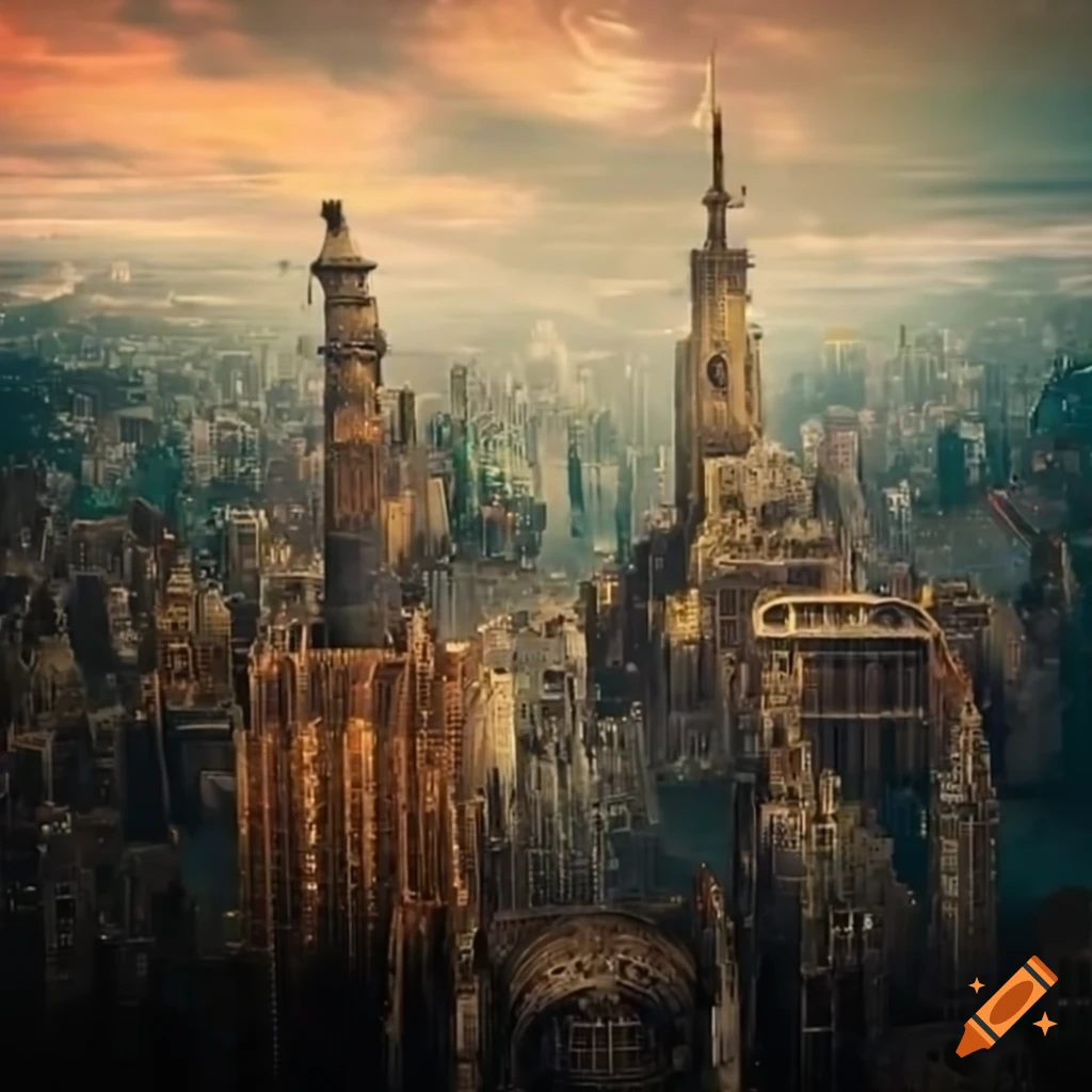 Large steampunk cityscape seen from the sky on Craiyon
