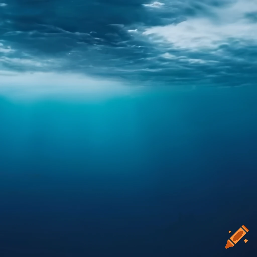 Underwater ocean scene with sky, clouds, and a sad tone