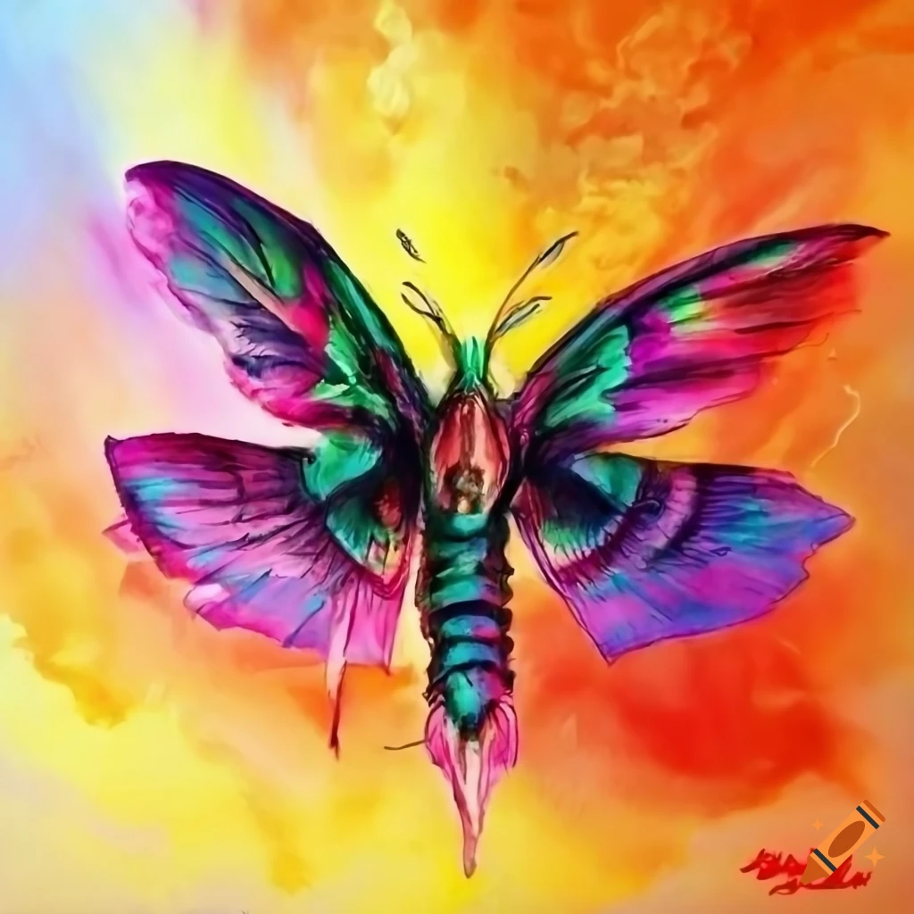 Giant rainbow-colored four-winged sky moth alien monster in sci-fi rough sketch art