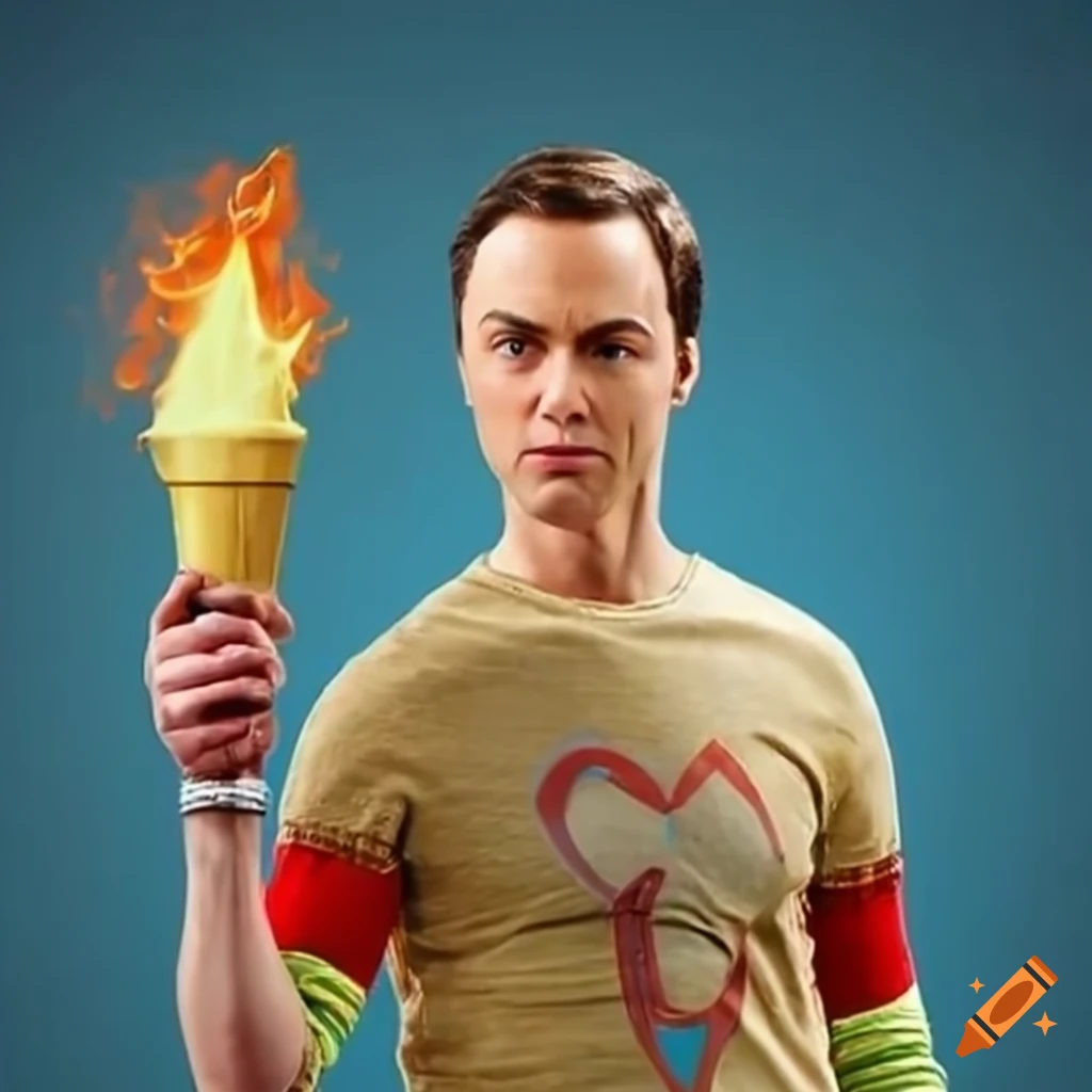 Sheldon Cooper holding the Olympic torch with determination