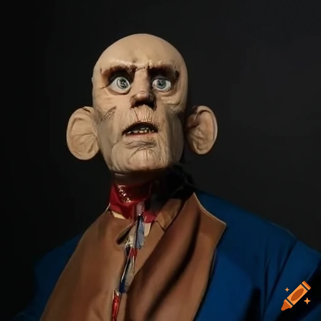 Vintage animatronic show character with exaggerated facial features