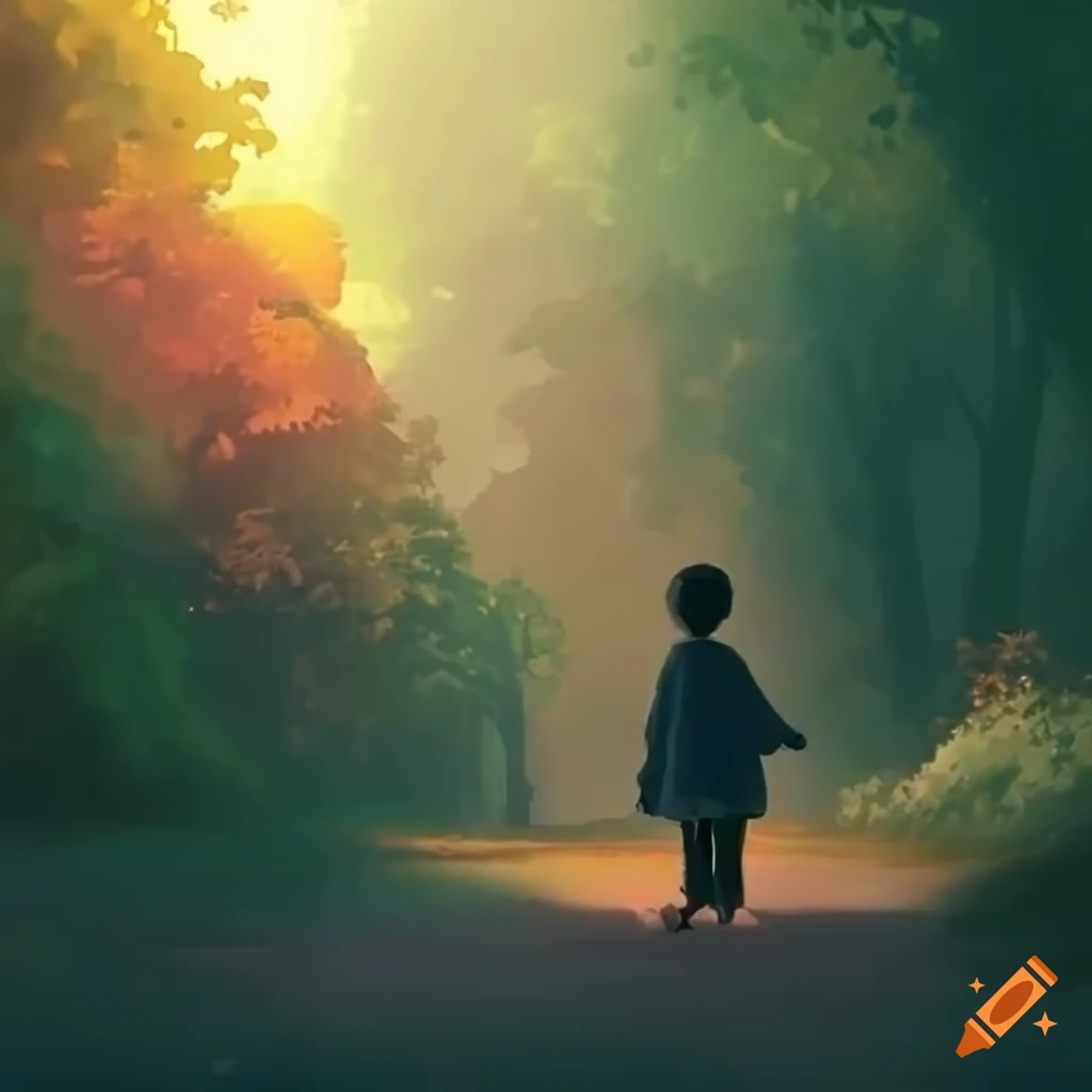 Sam's Return to the Village - Child walking under the rising sun with forest in the background