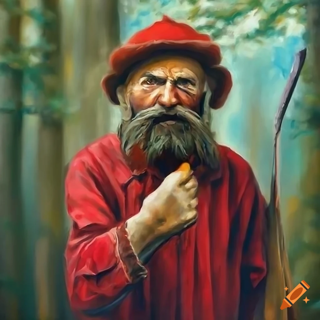Old-fashioned lumberjack in a forest with big axes
