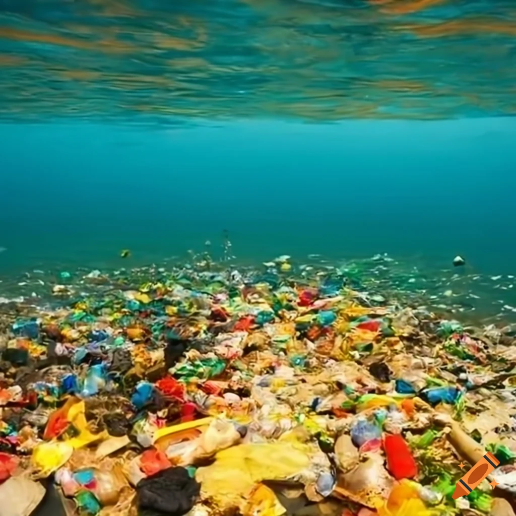 Conceptual image of an endless plastic island with visitors