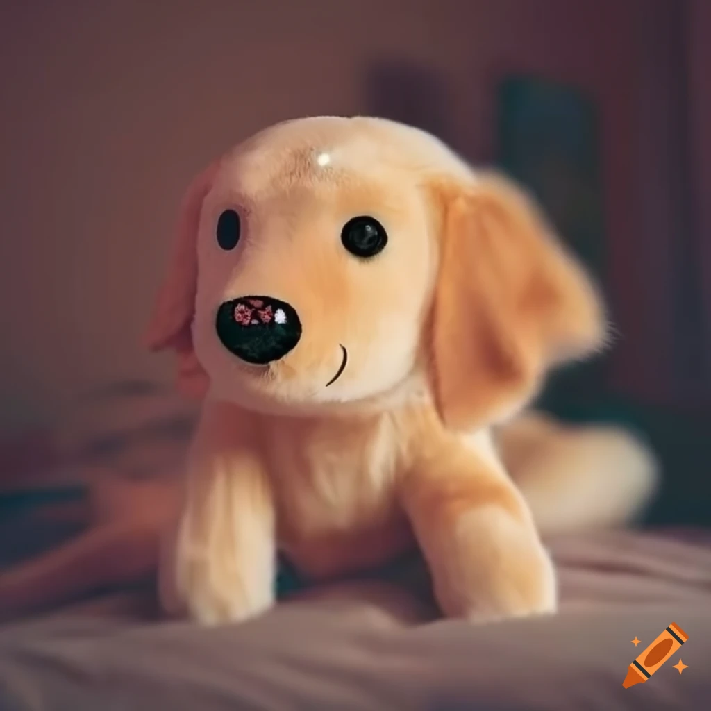 Golden retriever plushie on bed with whimsical blur and sparkle