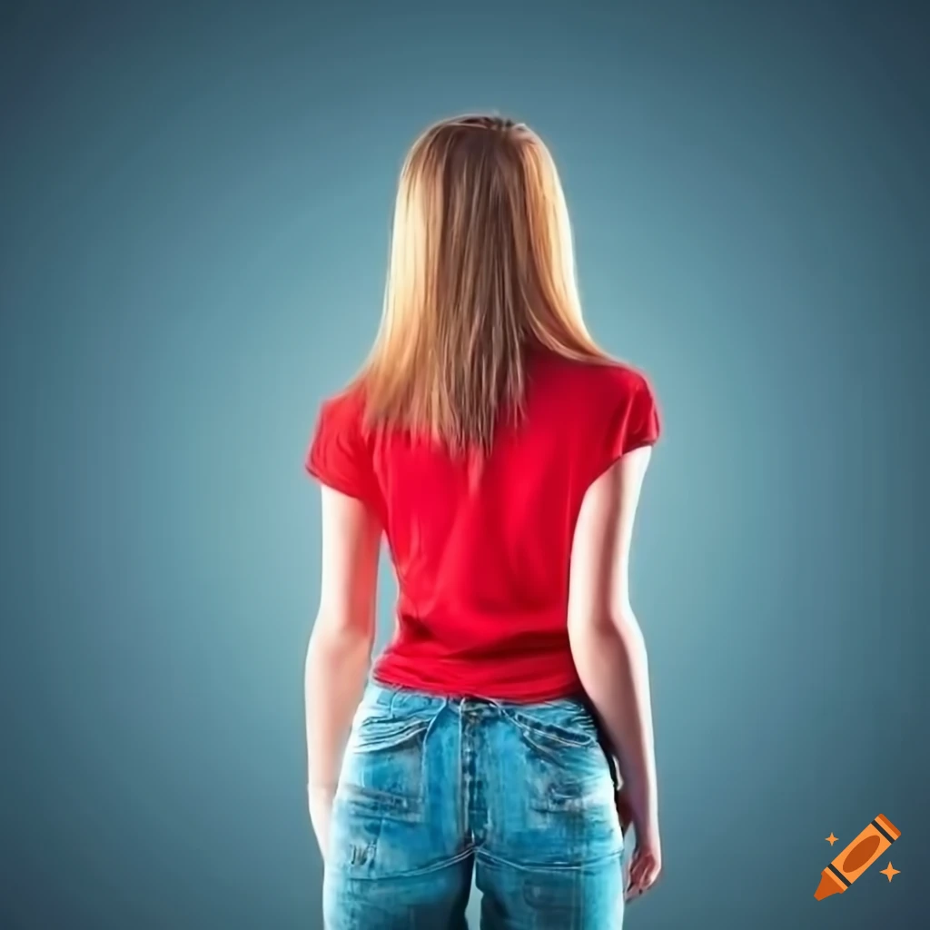 Blond girl in red t-shirt and blue jeans viewed from behind