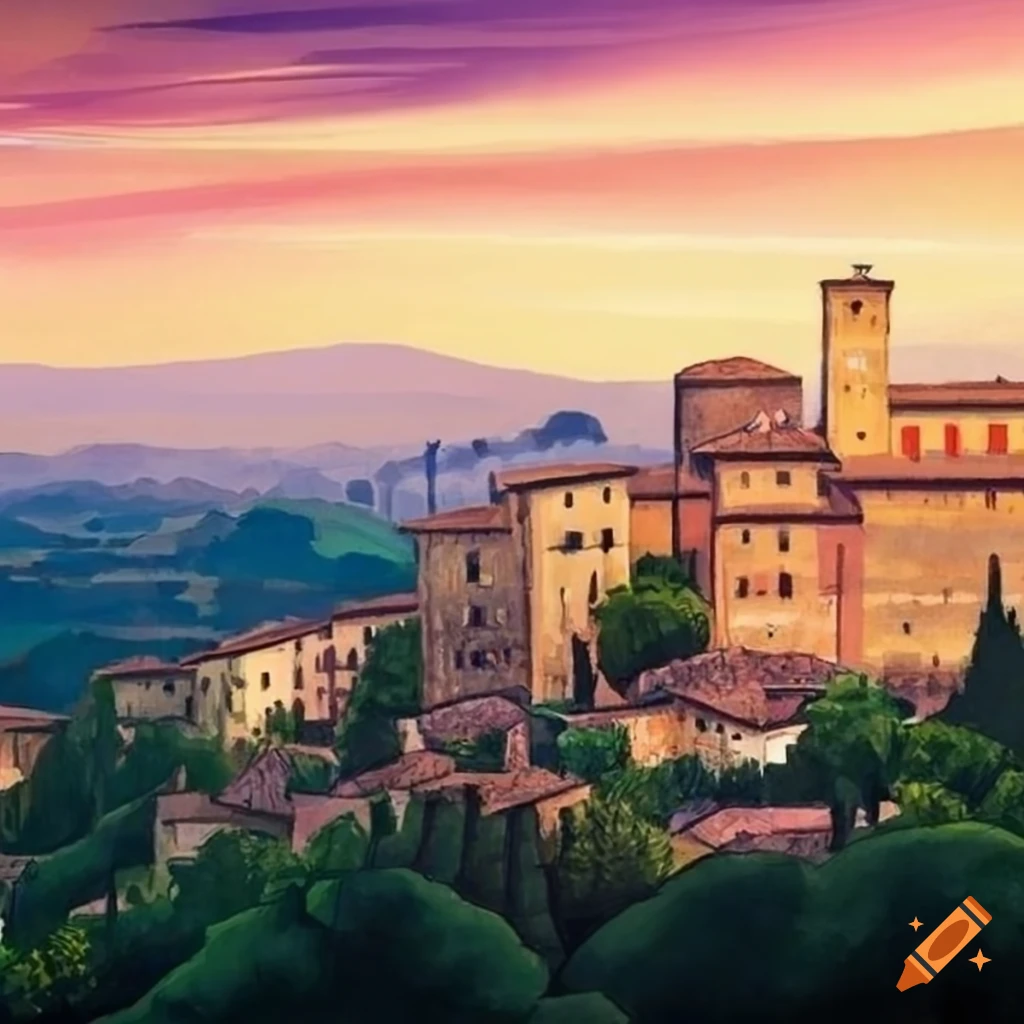 Illustration of downtown Asolo in Italy landscape