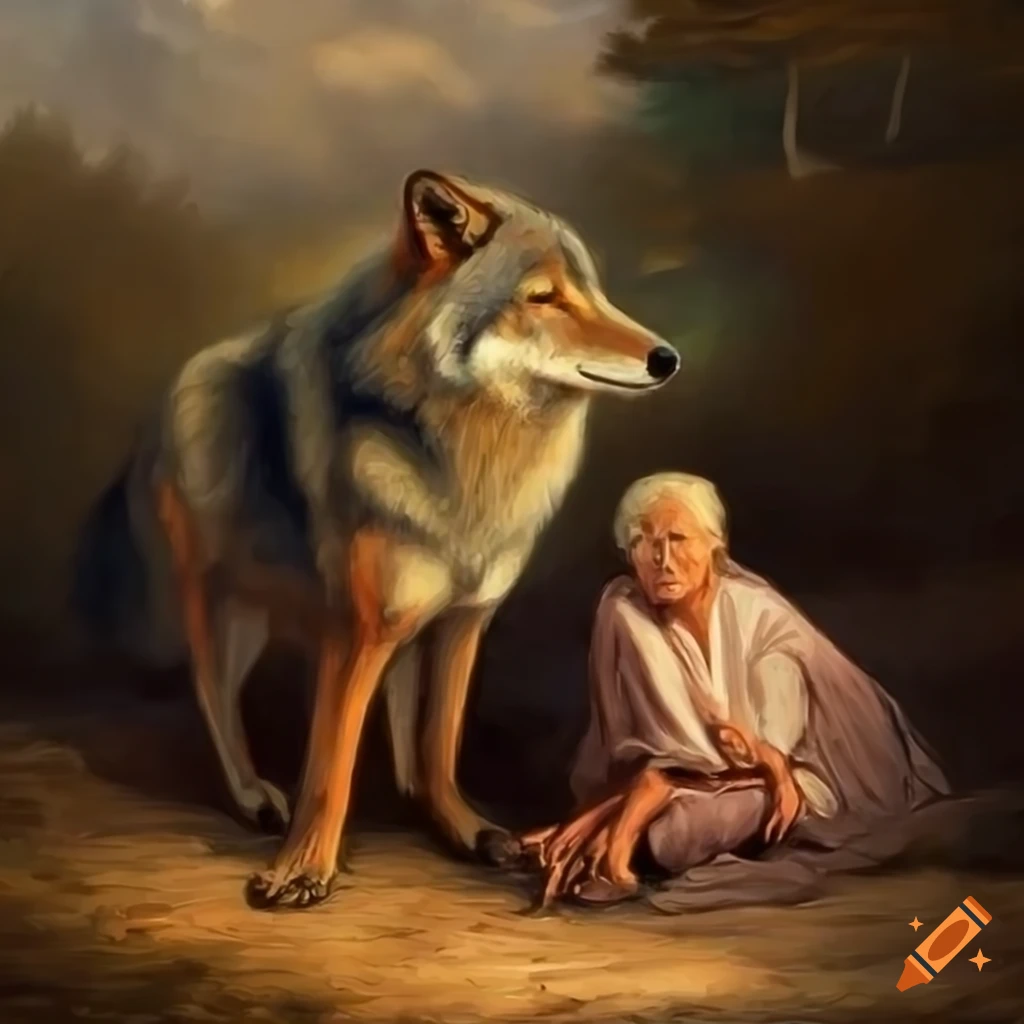 Wolf standing over old woman in dramatic oil painting