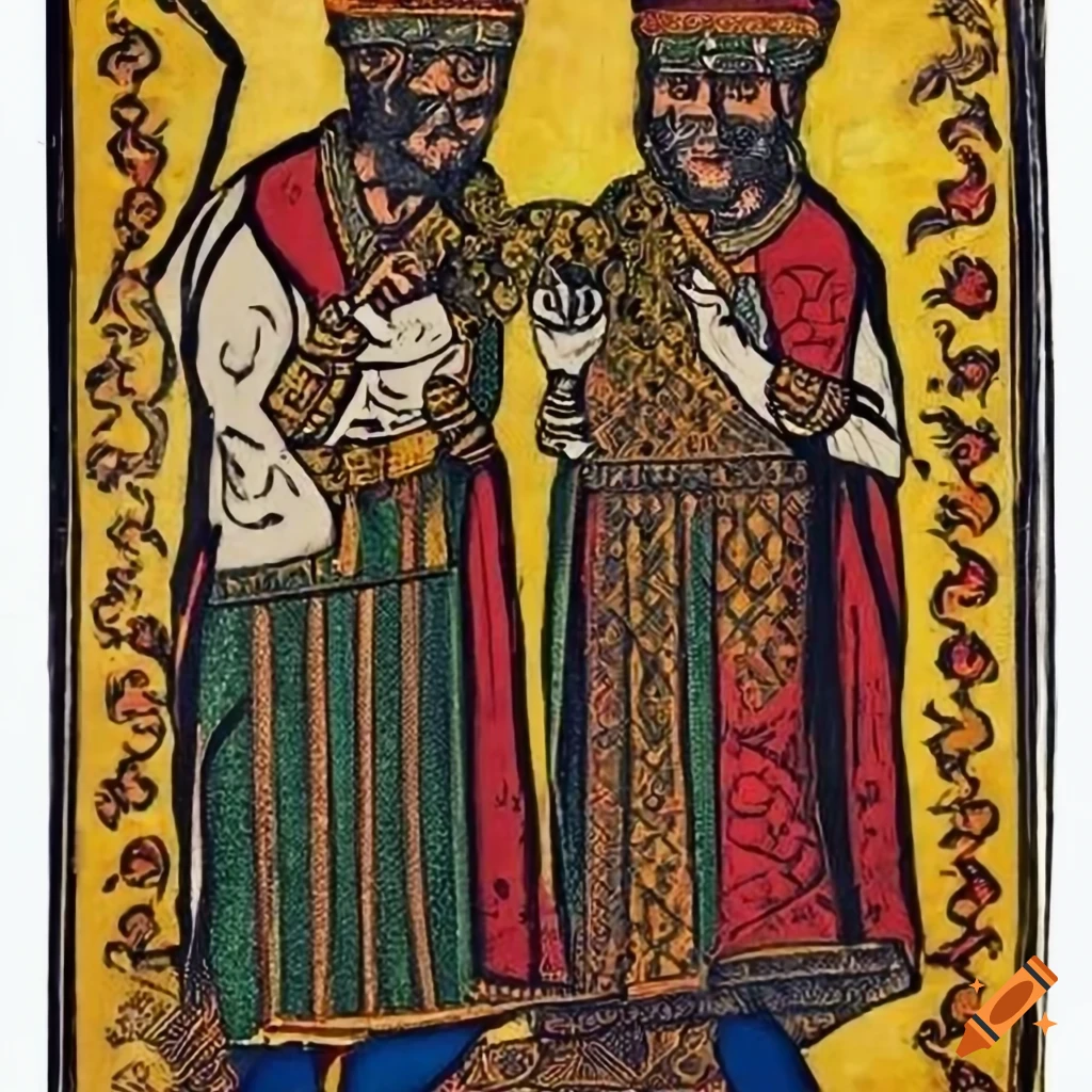Qajar-style background with medieval men holding objects, Ethiopian woodcut by Nicomachus of Thebes