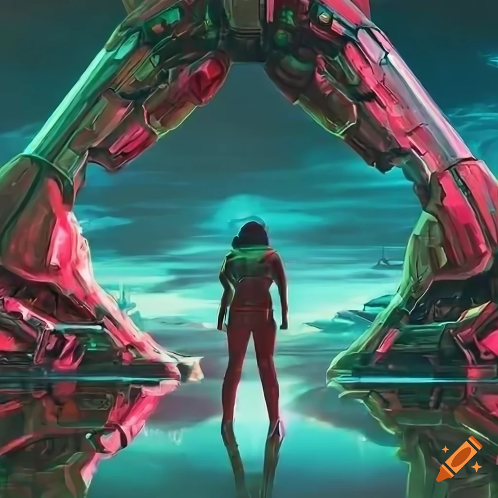 High definition cinematic 70s style fantasy mecha spaceship with two people in a jungle setting