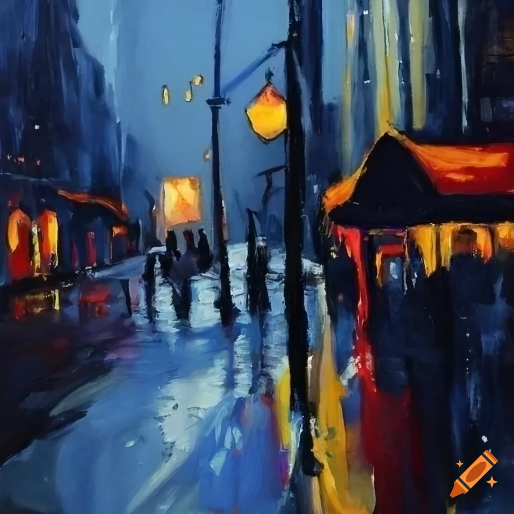 Rainy day city streets painting in Otto Mueller style