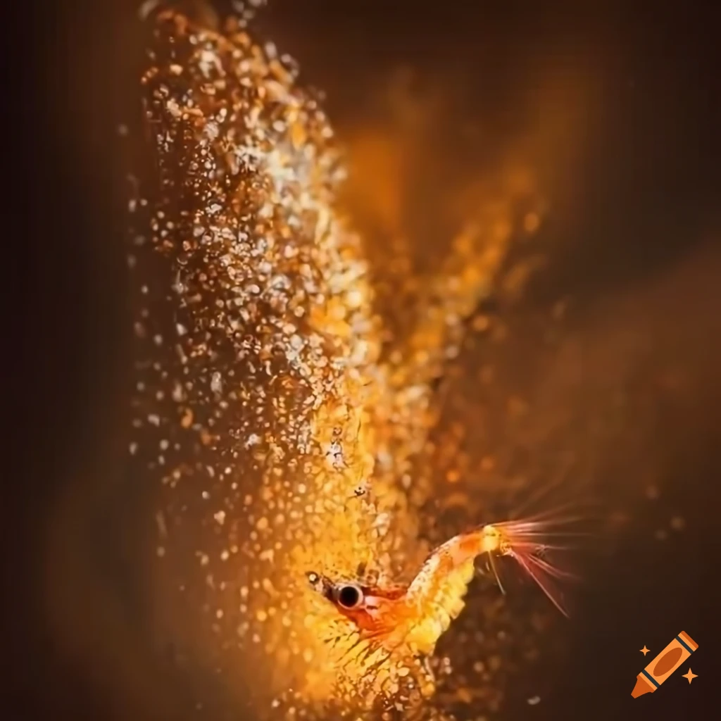 Shrimp jumping out of fire with golden dust, food industry concept