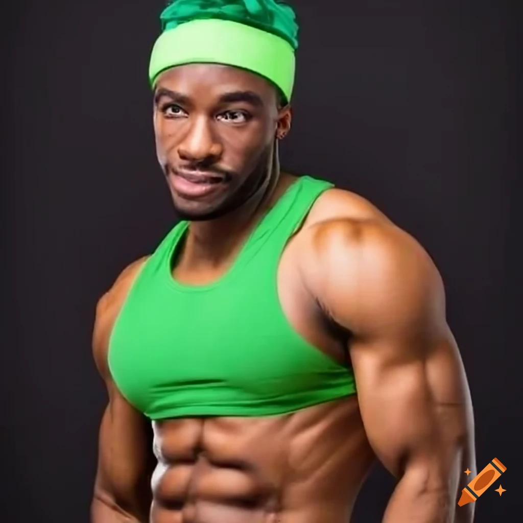 Black bodybuilder with light green headband and tank top