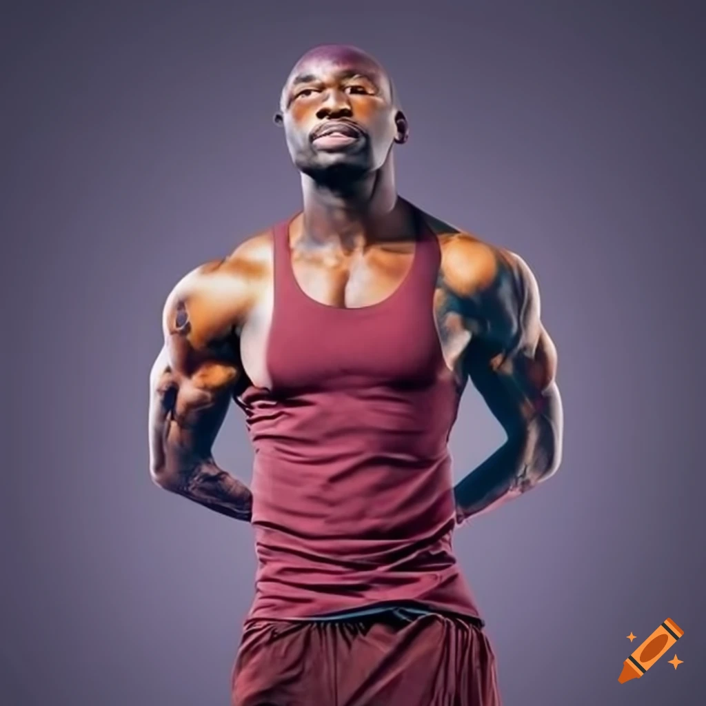 Muscular African-American man in a burgundy tanktop displaying his ink