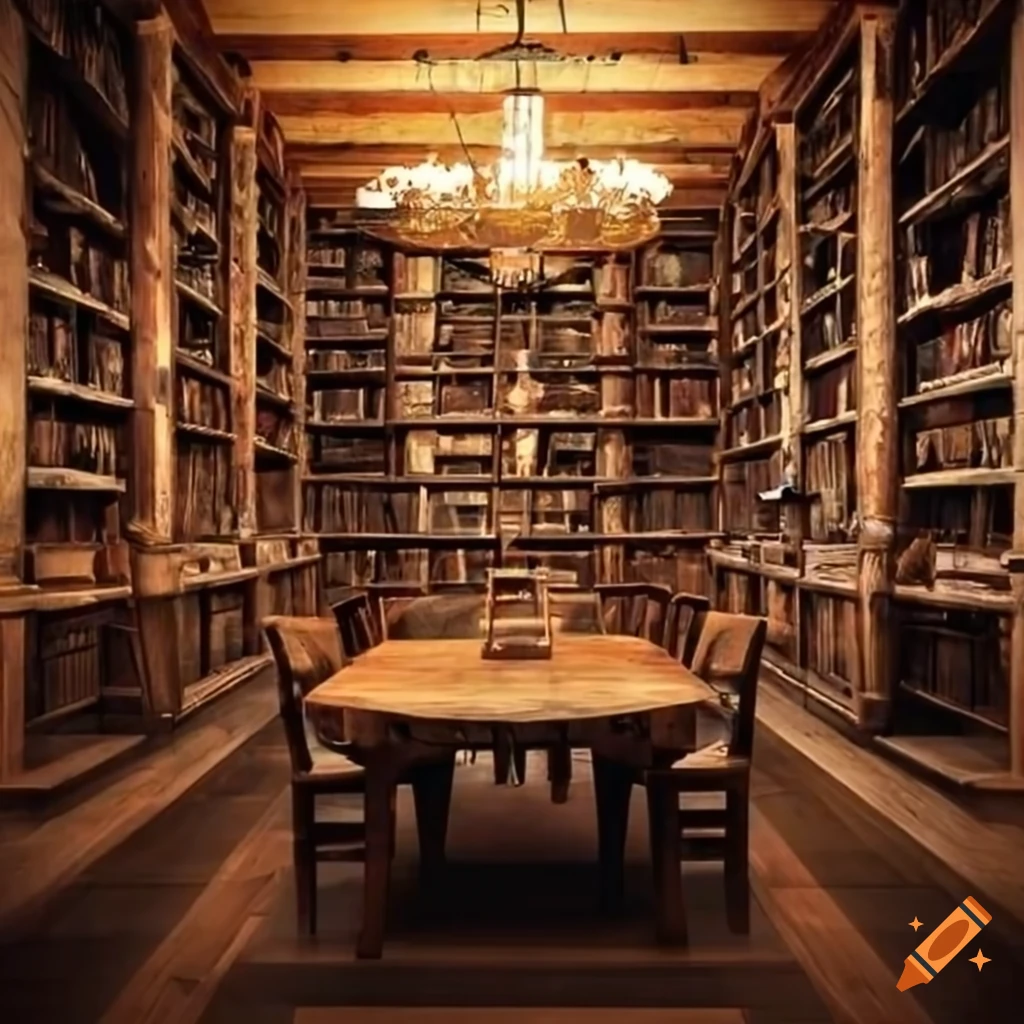 Rustic library with cozy seating and wooden tables
