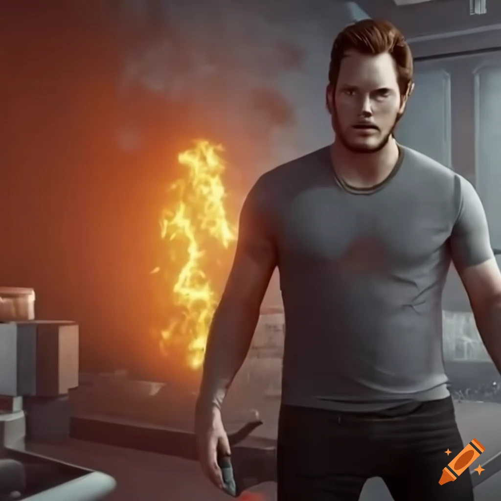 Sci-fi character Chris Pratt with black sci-fi shotgun in futuristic room