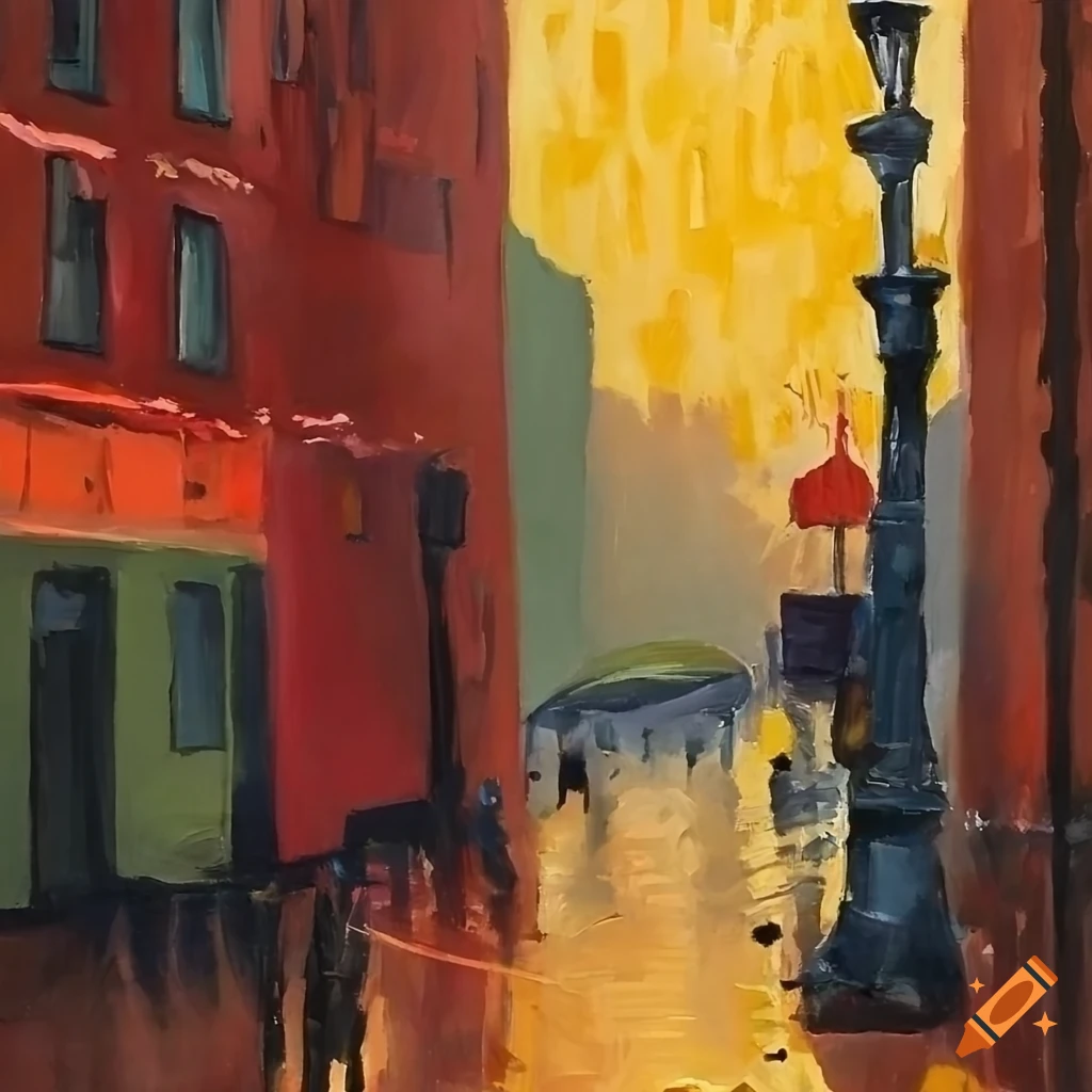 Rainy day city streets painting in Otto Mueller style