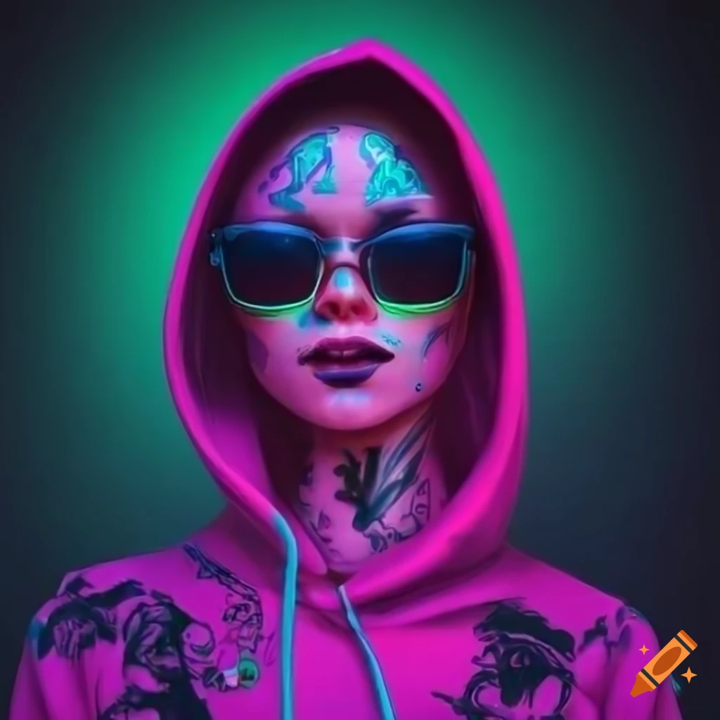 Female cyberpunk avatar in neon hoodie and sunglasses with face tattoos