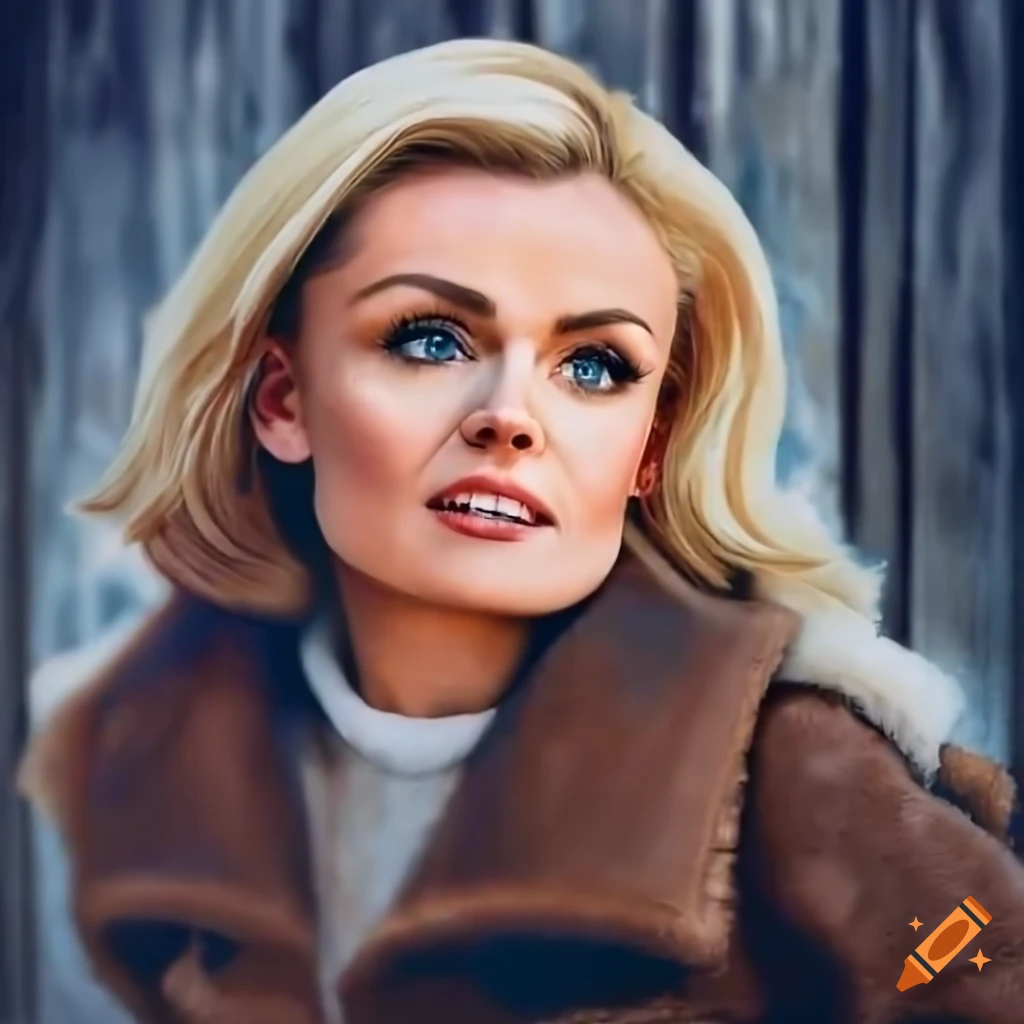 Blonde woman in a sheepskin bomber jacket and black leather trousers standing in a doorway