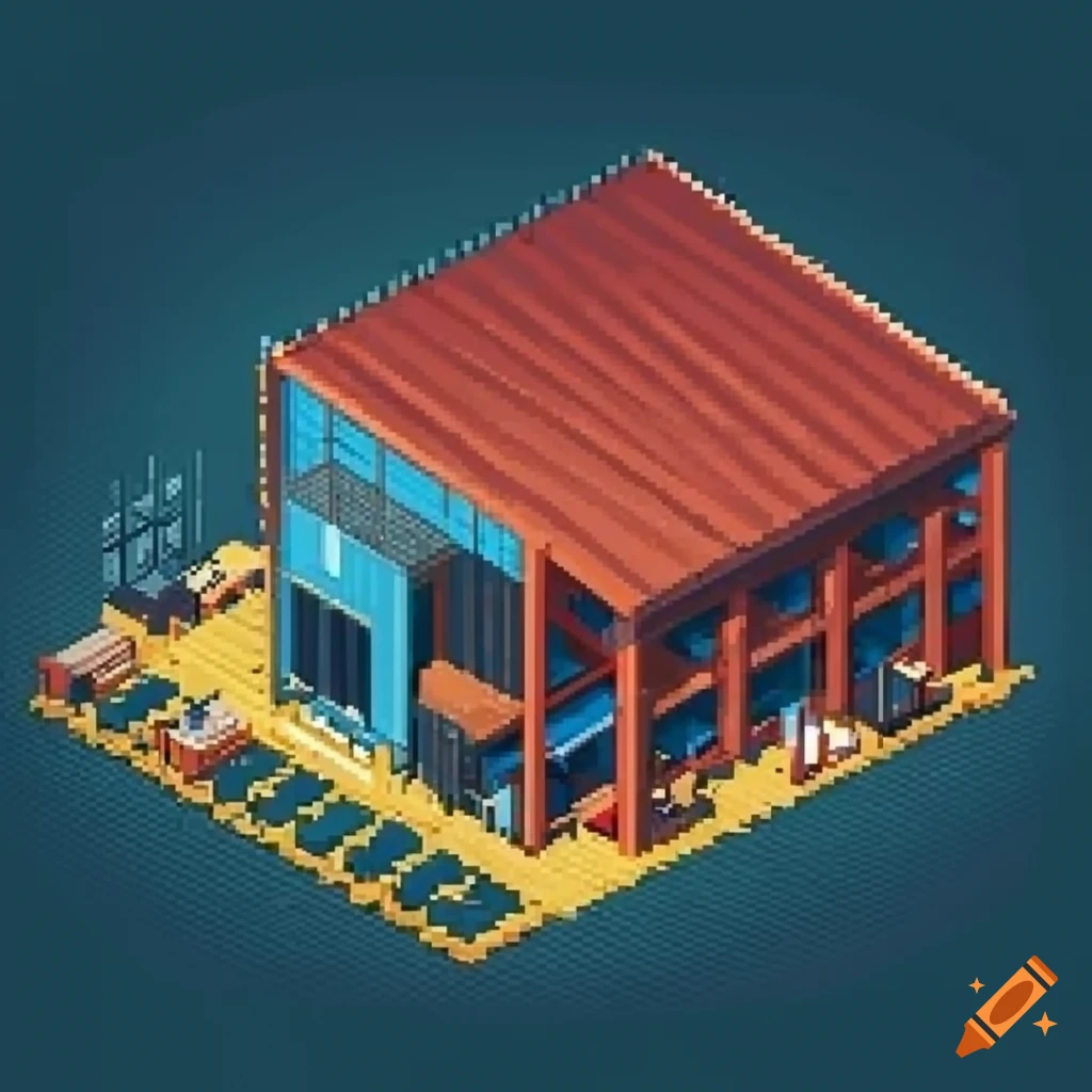 Isometric 2D pixel art of a warehouse with a forklift
